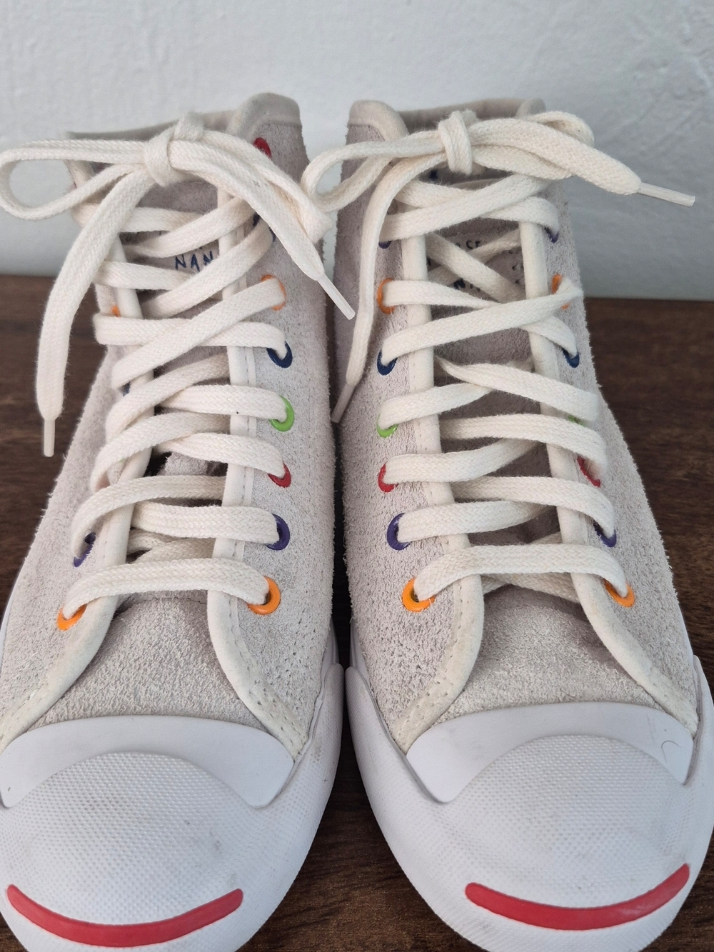 Converse Cream Suede High-Top Sneakers  Size #7 with Rainbow Eyelets